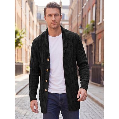 Men's Slim Shawl Collar Button Long Cable Knit Ribbed Sweaters Cardigan Outerwear