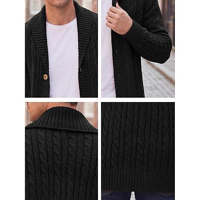 Men's Slim Shawl Collar Button Long Cable Knit Ribbed Sweaters Cardigan Outerwear