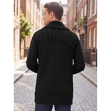 Men's Slim Shawl Collar Button Long Cable Knit Ribbed Sweaters Cardigan Outerwear