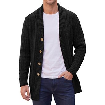 Men's Slim Shawl Collar Button Long Cable Knit Ribbed Sweaters Cardigan Outerwear