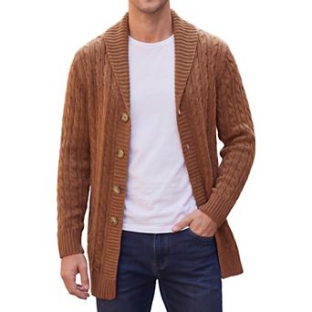 Men's Slim Shawl Collar Button Long Cable Knit Ribbed Sweaters Cardigan Outerwear