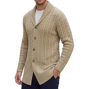 Men's Slim Shawl Collar Button Long Cable Knit Ribbed Sweaters Cardigan Outerwear