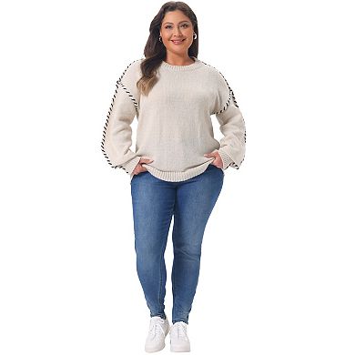 Women's Plus Size Sweater Round Neck Stitching Long Sleeve Fall Winter Knit Pullover Sweater Tops