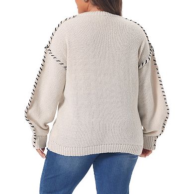 Women's Plus Size Sweater Round Neck Stitching Long Sleeve Fall Winter Knit Pullover Sweater Tops