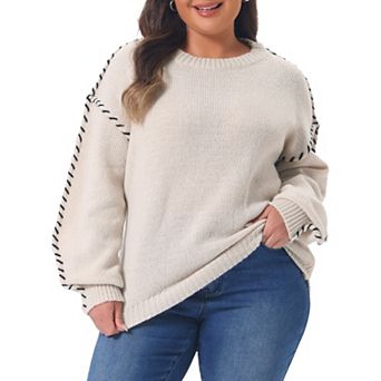 Women's Plus Size Sweater Round Neck Stitching Long Sleeve Fall Winter Knit Pullover Sweater Tops