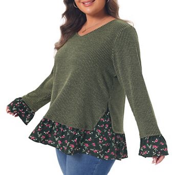 Women's Plus Size Tunic Tops V Neck Rib Knit Pullover Bell Long Sleeve Floral Ruffle Hem Blouses