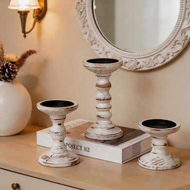 3 Pack White Wooden Candle Holders Farmhouse Table Decor