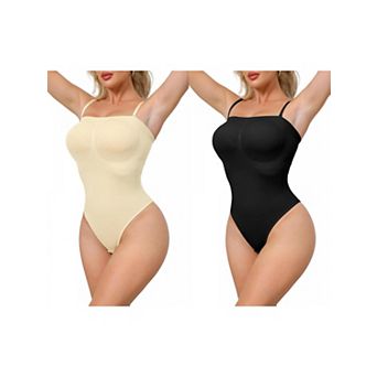2 Packs Women's Strapless Shapewear Tummy Control Leotard Thong Sculpted Bodyshaper Removable Straps