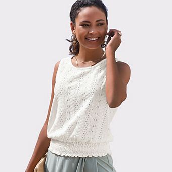 Lascana Women's Smocked Hem Eyelet Top