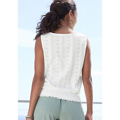 Lascana Women's Smocked Hem Eyelet Top