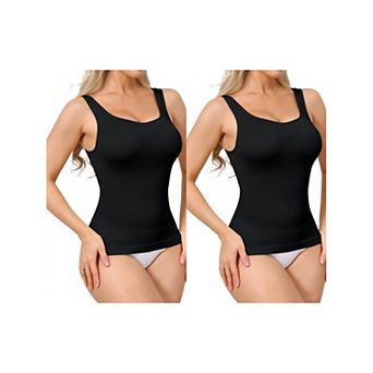 2 Packs Womens Ribbed Tank Tops Square Neck Shapewear Tummy Control Compression Camisole Bodyshaper