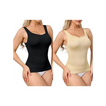 2 Packs Womens Ribbed Tank Tops Square Neck Shapewear Tummy Control Compression Camisole Bodyshaper