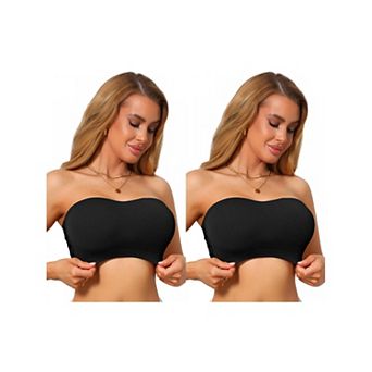 2 Packs Women's Strapless Bandeau Bra Tube Top Solid Lace Trim Hollow Out Wireless Bralette