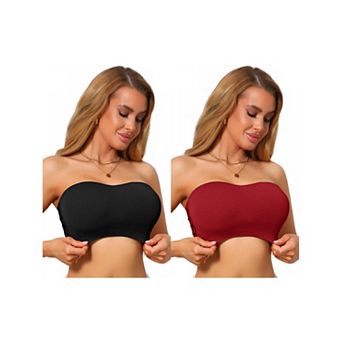 2 Packs Women's Strapless Bandeau Bra Tube Top Solid Lace Trim Hollow Out Wireless Bralette