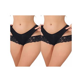 2 Packs Women's Wide Lace Trim Thong V-Cut Ice Silk Mid Rise T-Back Seamless Underwear
