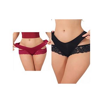2 Packs Women's Wide Lace Trim Thong V-Cut Ice Silk Mid Rise T-Back Seamless Underwear