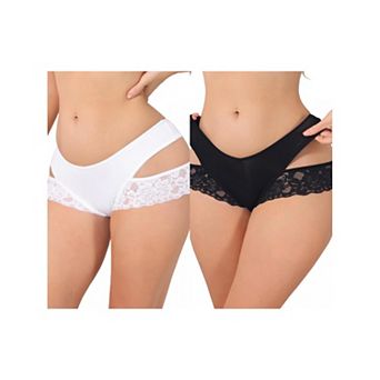 2 Packs Women's Wide Lace Trim Thong V-Cut Ice Silk Mid Rise T-Back Seamless Underwear