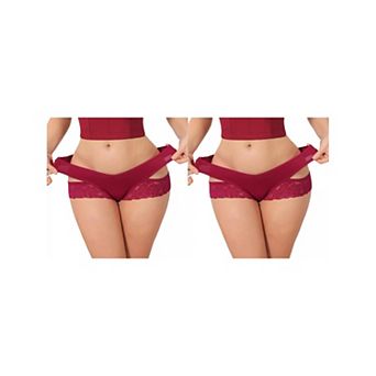 2 Packs Women's Wide Lace Trim Thong V-Cut Ice Silk Mid Rise T-Back Seamless Underwear