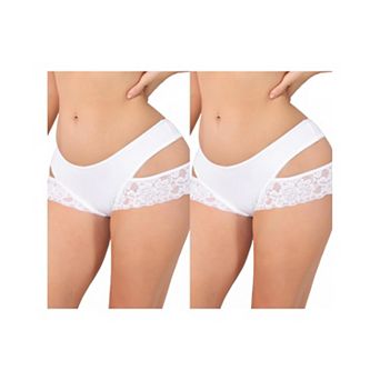 2 Packs Women's Wide Lace Trim Thong V-Cut Ice Silk Mid Rise T-Back Seamless Underwear