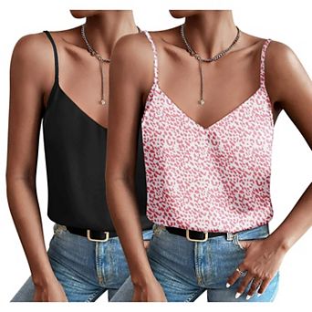 Ekouaer Satin Tank Tops for Women Silk Camisole Tops 2 Pack V Neck Spaghetti Strap Blouse Soft
