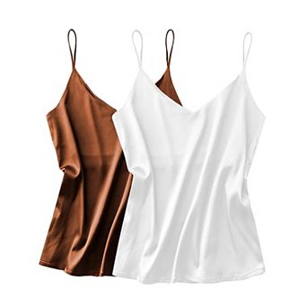 Ekouaer Satin Tank Tops for Women Silk Camisole Tops 2 Pack V Neck Spaghetti Strap Blouse Soft