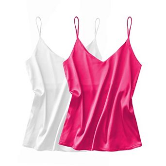 Ekouaer Satin Tank Tops for Women Silk Camisole Tops 2 Pack V Neck Spaghetti Strap Blouse Soft
