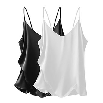 Ekouaer Satin Tank Tops for Women Silk Camisole Tops 2 Pack V Neck Spaghetti Strap Blouse Soft