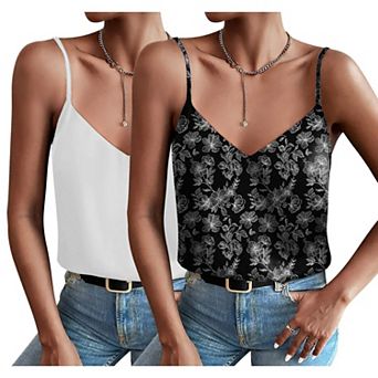 Ekouaer Satin Tank Tops for Women Silk Camisole Tops 2 Pack V Neck Spaghetti Strap Blouse Soft
