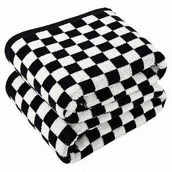 Black And White Checkered Cotton Bath Towels Set Of 2 Quick Dry Absorbent For Bathroom Pool Spa