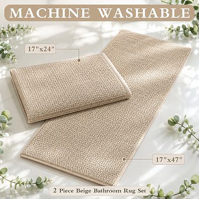 Beige 2 Piece Bathroom Rug Set Non Slip Quick Dry Absorbent Washable Thin