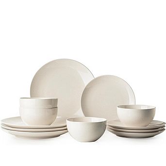 Zoulao 12 pc White Stoneware Dinnerware Set, Service for 4, Microwave & Dishwasher Safe.