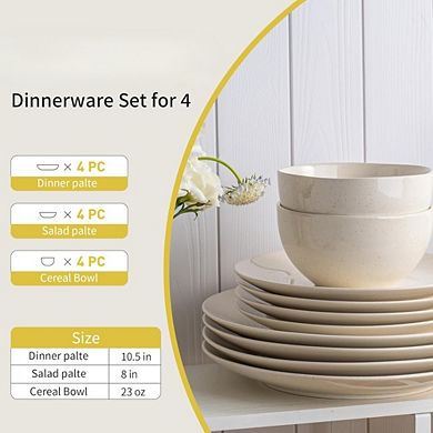 Zoulao 12-Pc White Stoneware Dinnerware Set, Service for 4, Microwave & Dishwasher Safe.