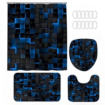 4 pc Shower Curtain Set 3D Cubes Bathroom Sets Modern Shower Curtain Set for Bathroom Sets