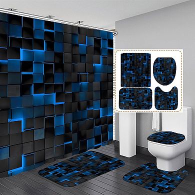 4Pcs Shower Curtain Set 3D Cubes Bathroom Sets Modern Shower Curtain Set for Bathroom Sets