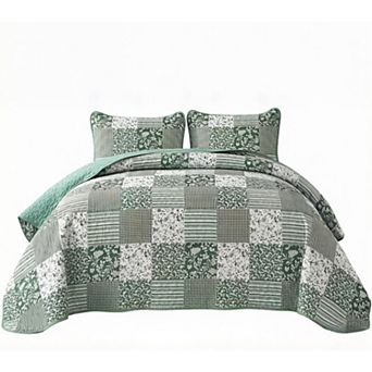 Boho King Quilt Set, 3 pc Reversible Soft Plaid Floral Bedding Set with 2 Pillow Shams