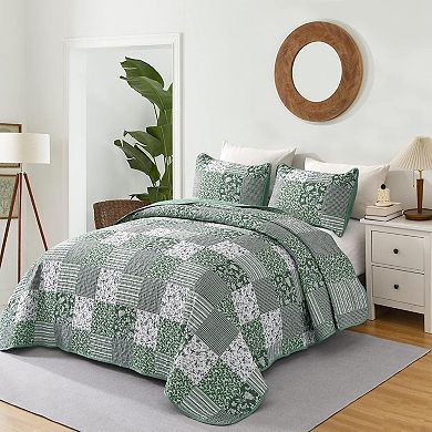 Boho King Quilt Set, 3-Piece Reversible Soft Plaid Floral Bedding Set with 2 Pillow Shams