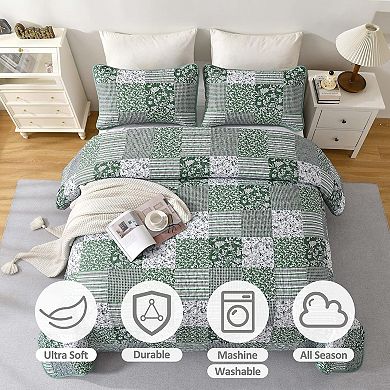 Boho King Quilt Set, 3-Piece Reversible Soft Plaid Floral Bedding Set with 2 Pillow Shams