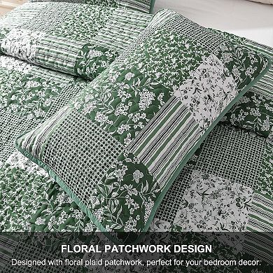 Boho King Quilt Set, 3-Piece Reversible Soft Plaid Floral Bedding Set with 2 Pillow Shams