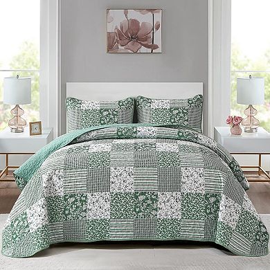 Boho King Quilt Set, 3-Piece Reversible Soft Plaid Floral Bedding Set with 2 Pillow Shams