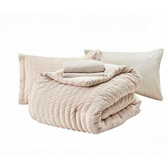 Twin XL Comforter Set Seersucker 5 Pieces, All Season Luxury Bed in a Bag for Bedroom, Bedding Set