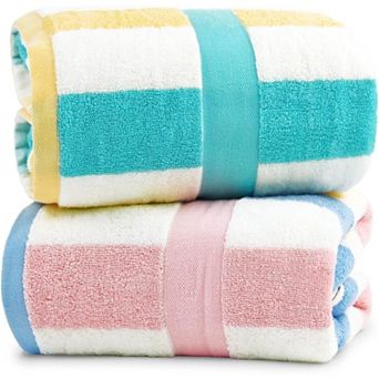 Cotton Bath Towels Set of 2, Highly Absorbent Striped Towels for Bathroom, Hotel, Spa, Large