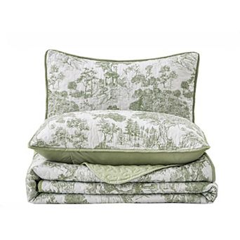 Botanical Quilt Set Queen Size, 3 pc Toile Floral Plants Printed Bedspread Bedding Set Soft