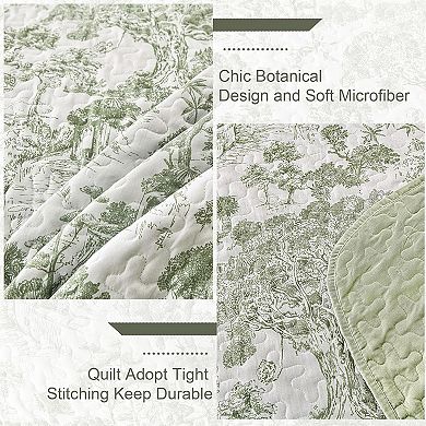 Botanical Quilt Set Queen Size, 3 Pieces Toile Floral Plants Printed Bedspread Bedding Set Soft