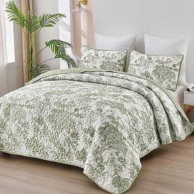 Botanical Quilt Set Queen Size, 3 Pieces Toile Floral Plants Printed Bedspread Bedding Set Soft