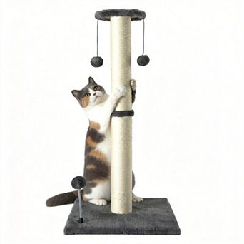 32 Inch Gray Vertical Sisal Cat Scratching Post with Ball and Brush