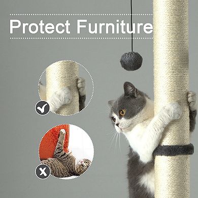 32 Inch Gray Vertical Sisal Cat Scratching Post with Ball and Brush