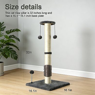 32 Inch Gray Vertical Sisal Cat Scratching Post with Ball and Brush