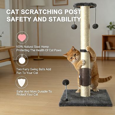 32 Inch Gray Vertical Sisal Cat Scratching Post with Ball and Brush