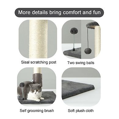 32 Inch Gray Vertical Sisal Cat Scratching Post with Ball and Brush