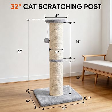 32 Inch Light Gray Sisal Cat Scratching Post with Hanging Ball